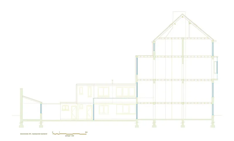 Section drawing showing a stepped building with a pitched roof and exposed structural framing