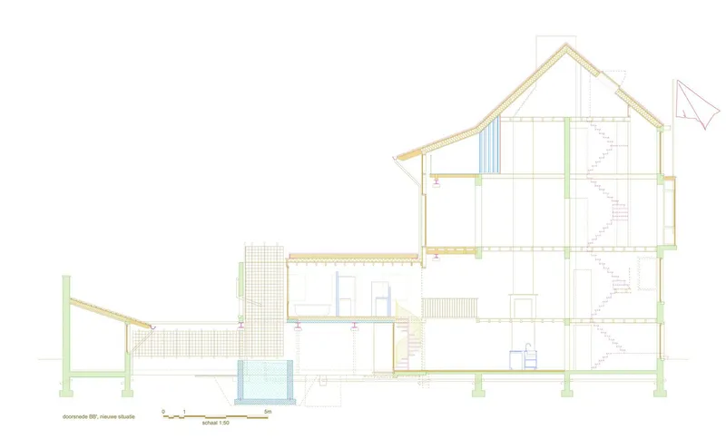Section drawing showing a two-story volume with gabled roof connected to a lower single-story wing