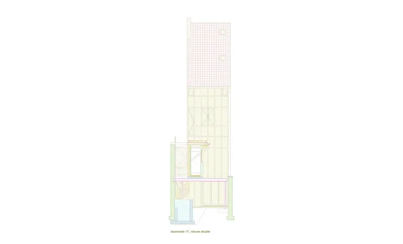 Section drawing showing a vertical slice through a multi-level structure with a tiled upper portion