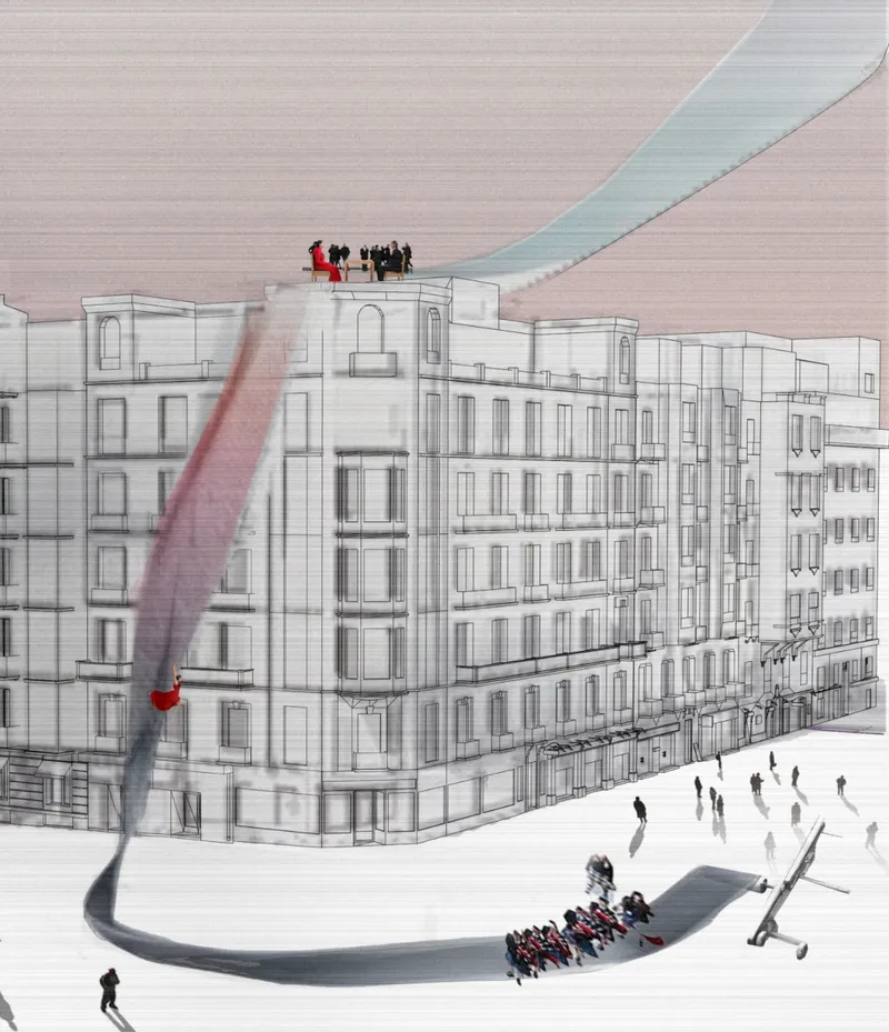 Elevation drawing of a street facade with gathered crowds and a curving pavement edge