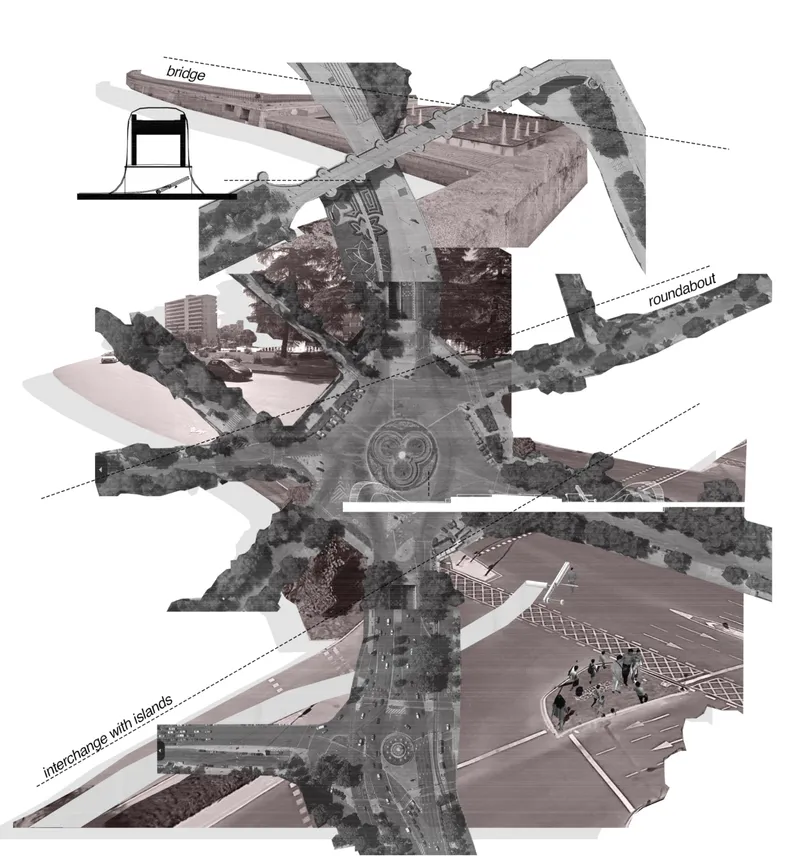 Diagram showing overlapping aerial views of a roundabout and bridge intersection with annotation labels