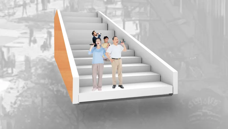 White staircase module with orange side panel and people standing on the stepped platform