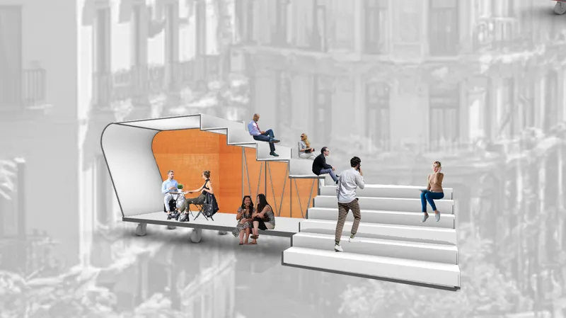 Mobile stair unit with orange panels and seated figures composited over urban street backdrop
