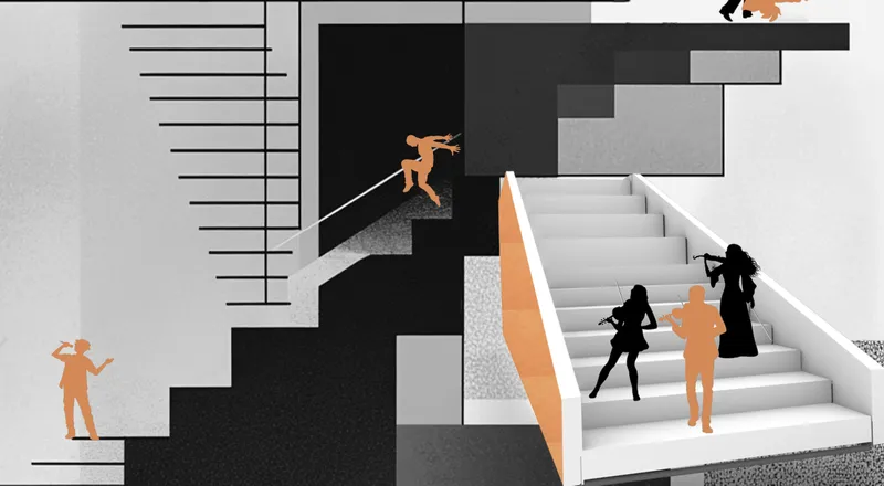 Axonometric drawing showing interlocking stair sections with figures moving through the multi-level composition