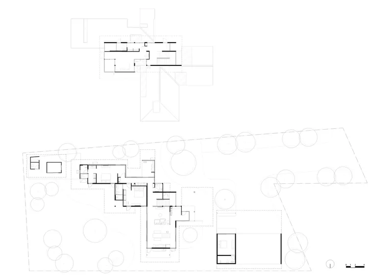 Site plan drawing showing multiple building volumes arranged around landscaped grounds with circular tree canopies