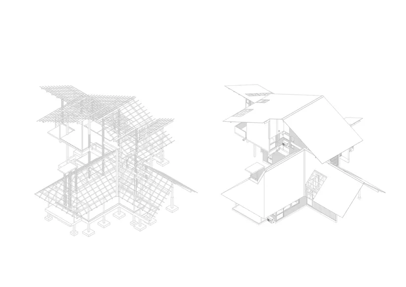 Axonometric drawings illustrating structural framework and spatial organization with angled roof planes