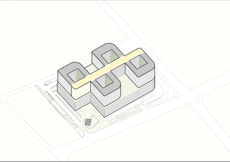 Axonometric drawing of four rounded volumes arranged around a central yellow connector bar