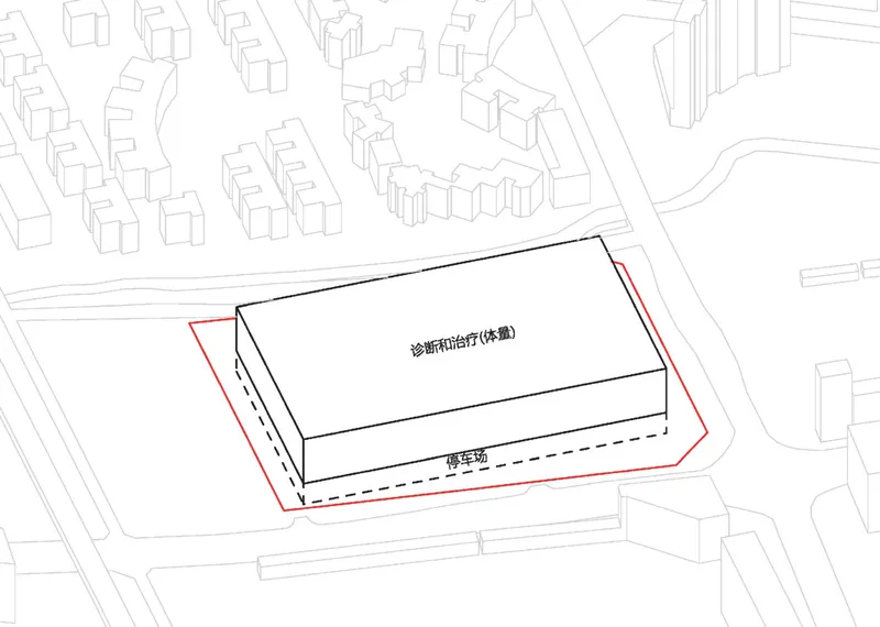 Site plan drawing showing a rectangular volume with basement parking outlined in red