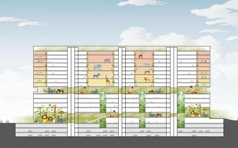Section drawing depicting tiered interior spaces with planted terraces and animal silhouettes across multiple levels
