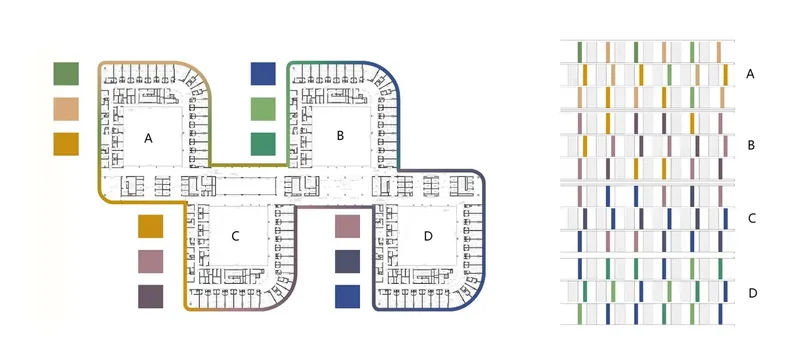 Floor plan drawing of four interconnected lobed volumes with color-coded zones and corresponding facade panel patterns