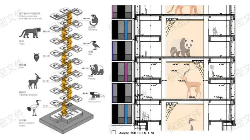 Section drawing and axonometric diagram showing floors with panda, deer, and crane habitats within colored panel bays