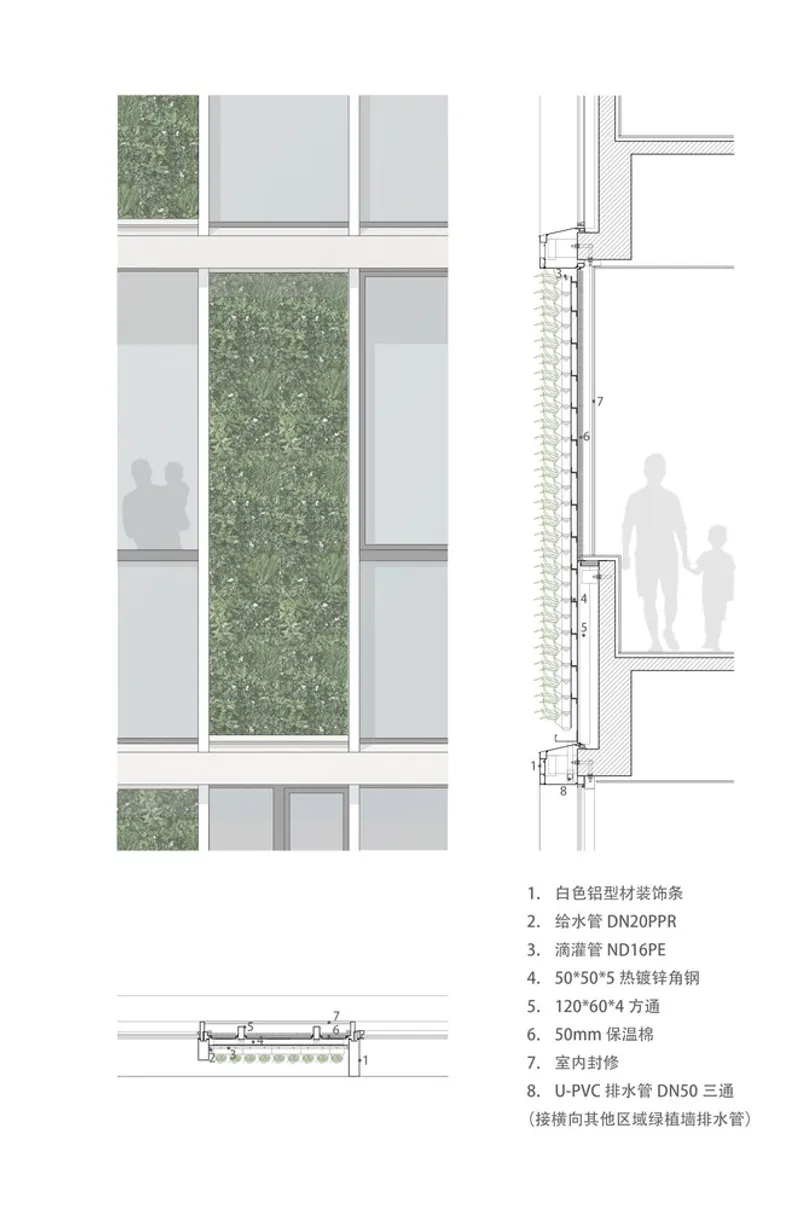 Facade section drawing showing vertical planted panels integrated between glazed window units with scale figures