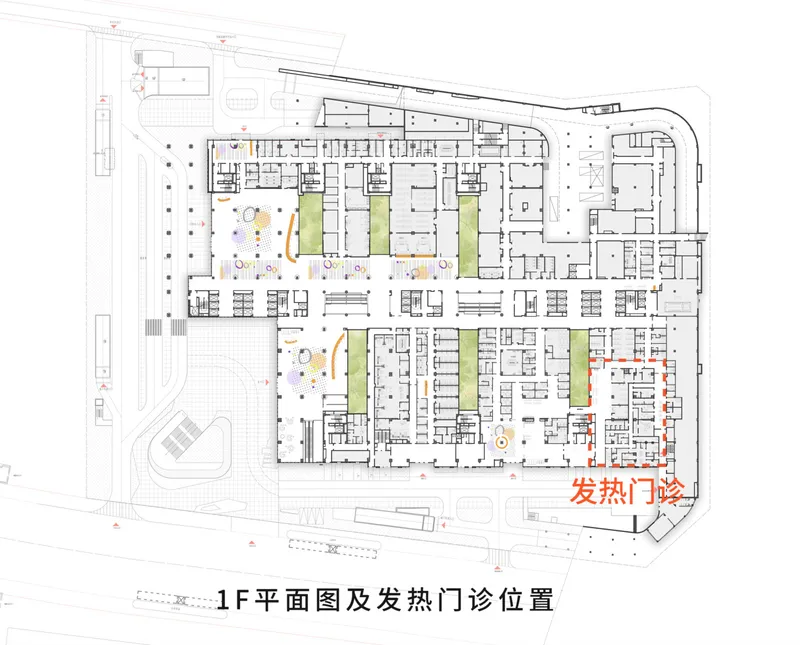 Floor plan drawing showing open-plan workspace with green courtyards and curved perimeter walls