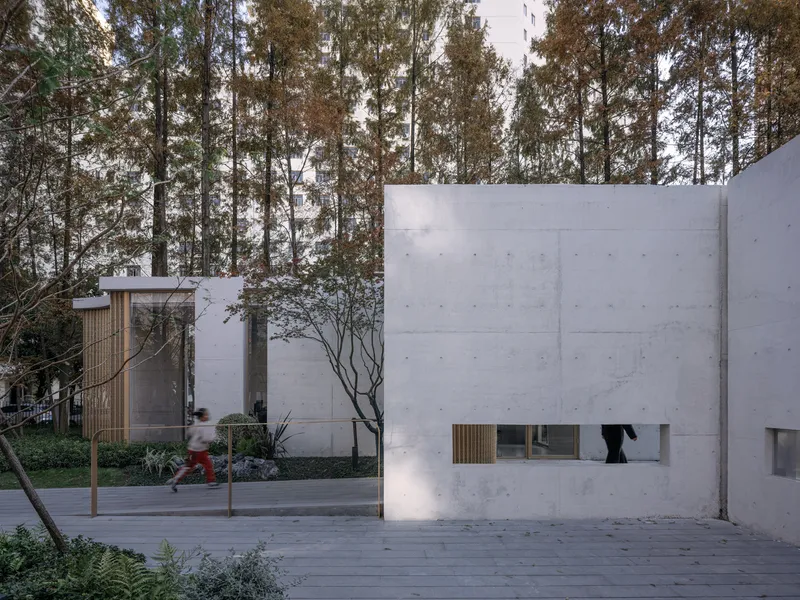 White concrete pavilion with horizontal timber-clad window openings set within a birch grove