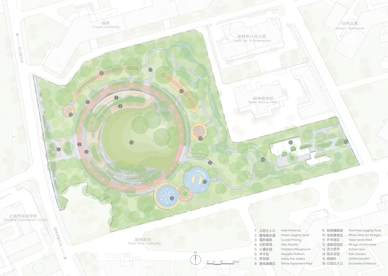 Site plan drawing showing a circular central lawn with concentric paths surrounded by extensive landscaping and adjacent buildings