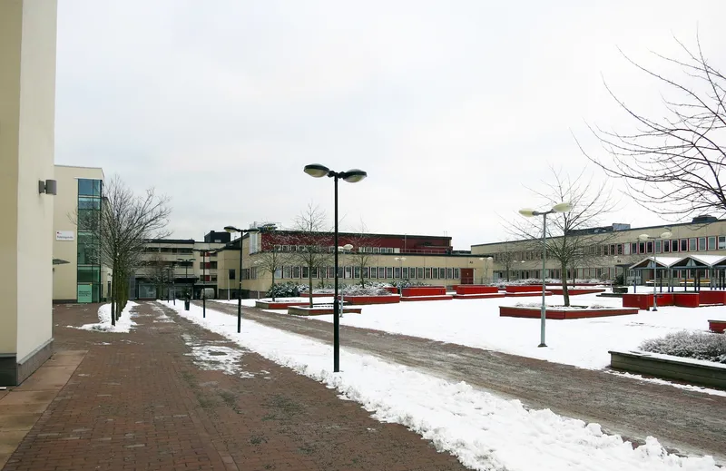 Campus courtyard with walkways and lampposts under snow and bare winter trees