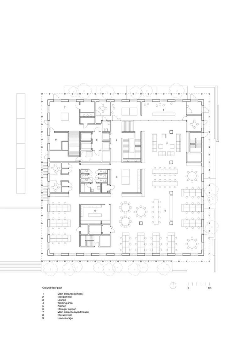 Ground floor plan drawing showing office spaces, meeting rooms, and circulation arranged around central stair cores