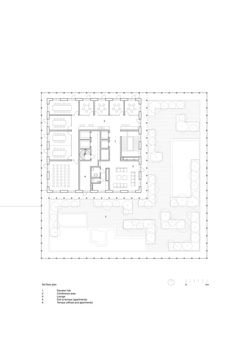 Third floor plan drawing showing interior offices and exterior terrace with planted areas