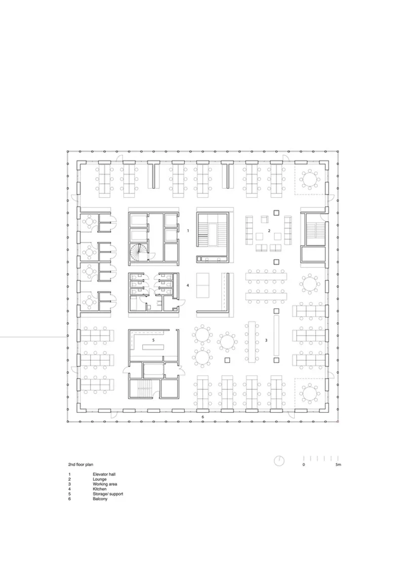 Second floor plan drawing showing workstations, elevator hall, and perimeter offices within a square footprint