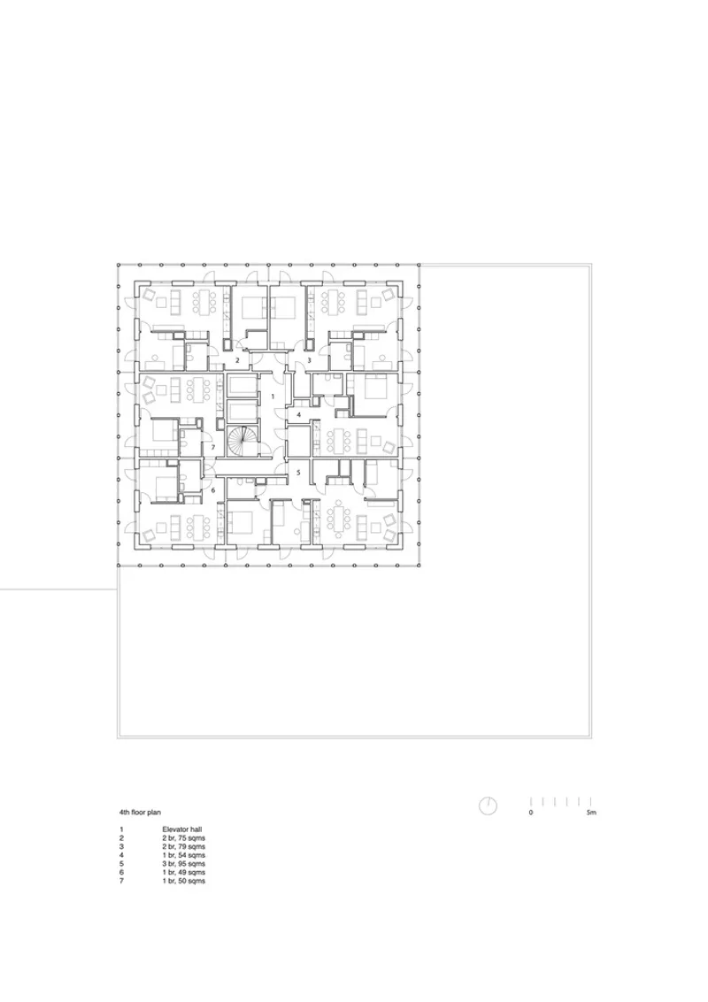 Fourth floor plan drawing showing residential units organized around a central elevator and stair core