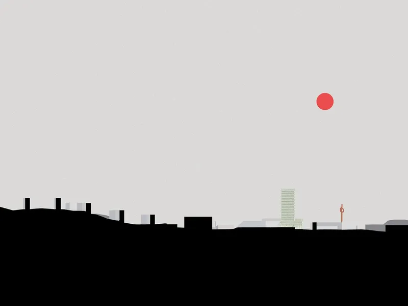 Elevation drawing showing a tower rising above silhouetted rooflines under a red sun in haze