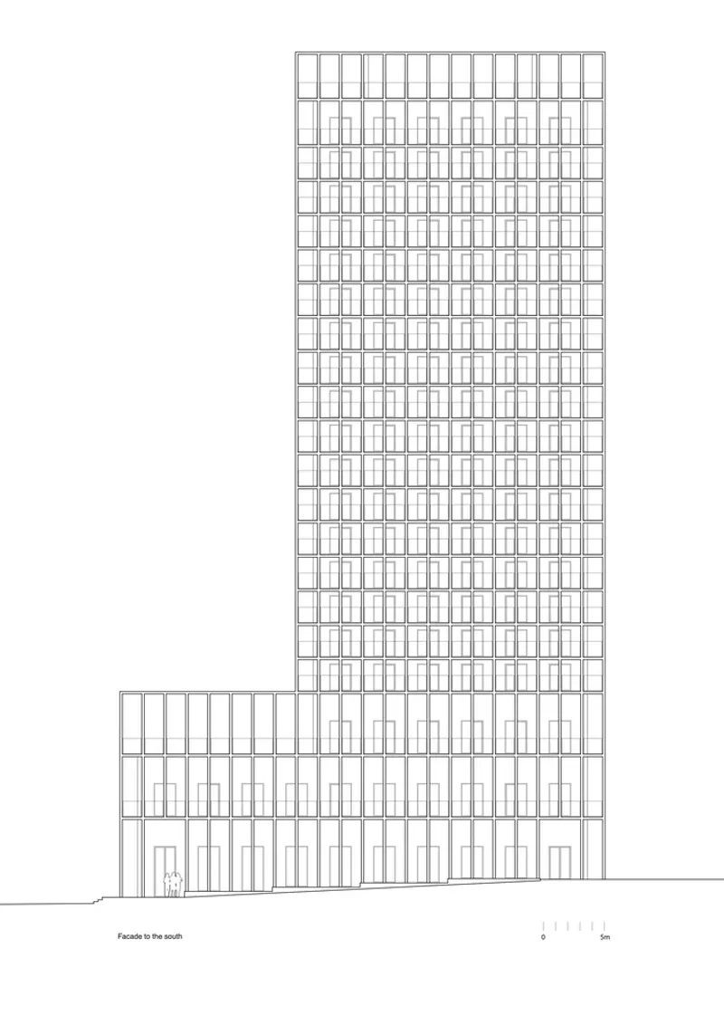 South facade elevation drawing showing a tower with repetitive grid of windows above a podium base