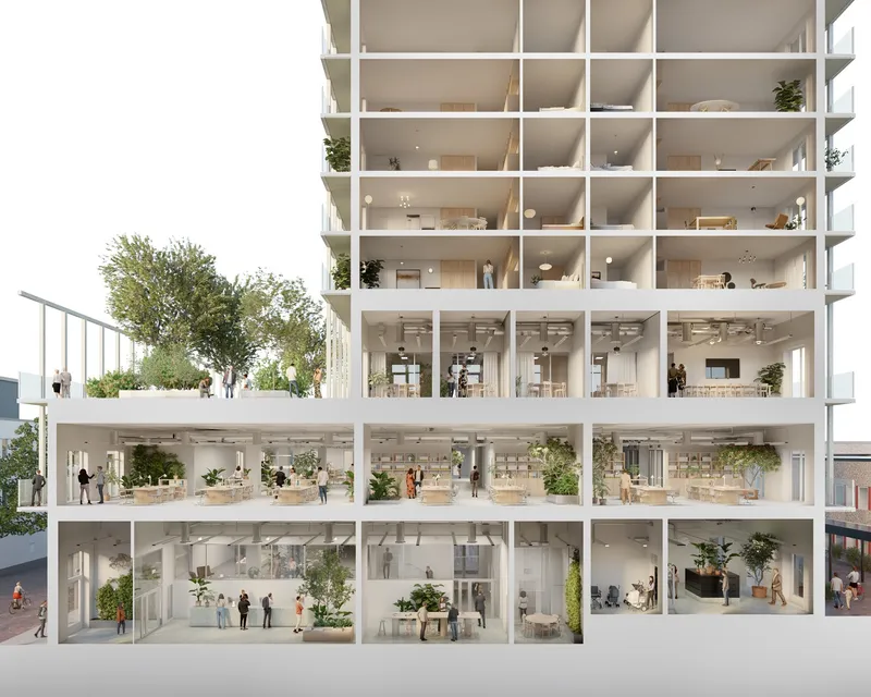 Section rendering showing the open-plan tower with gridded white columns and potted plants on every floor
