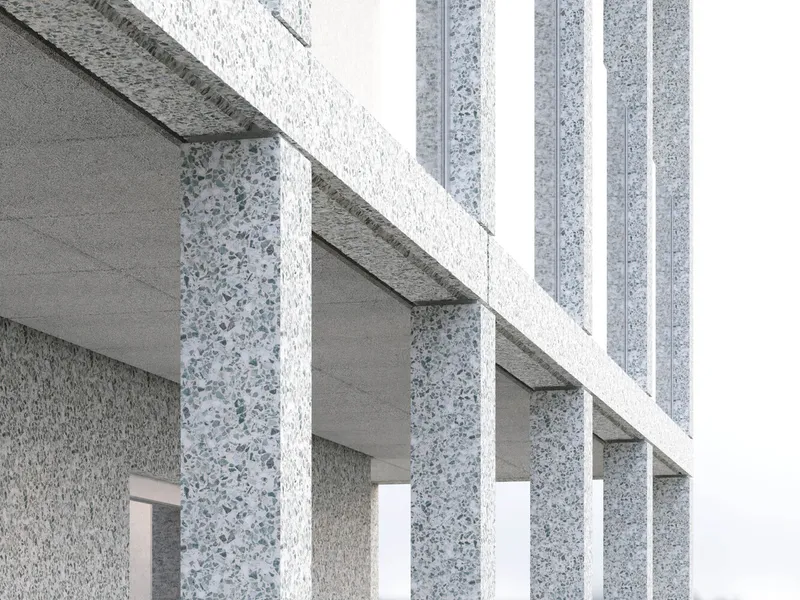 Close-up of the terrazzo facade columns and slab edges in pale grey with exposed aggregate