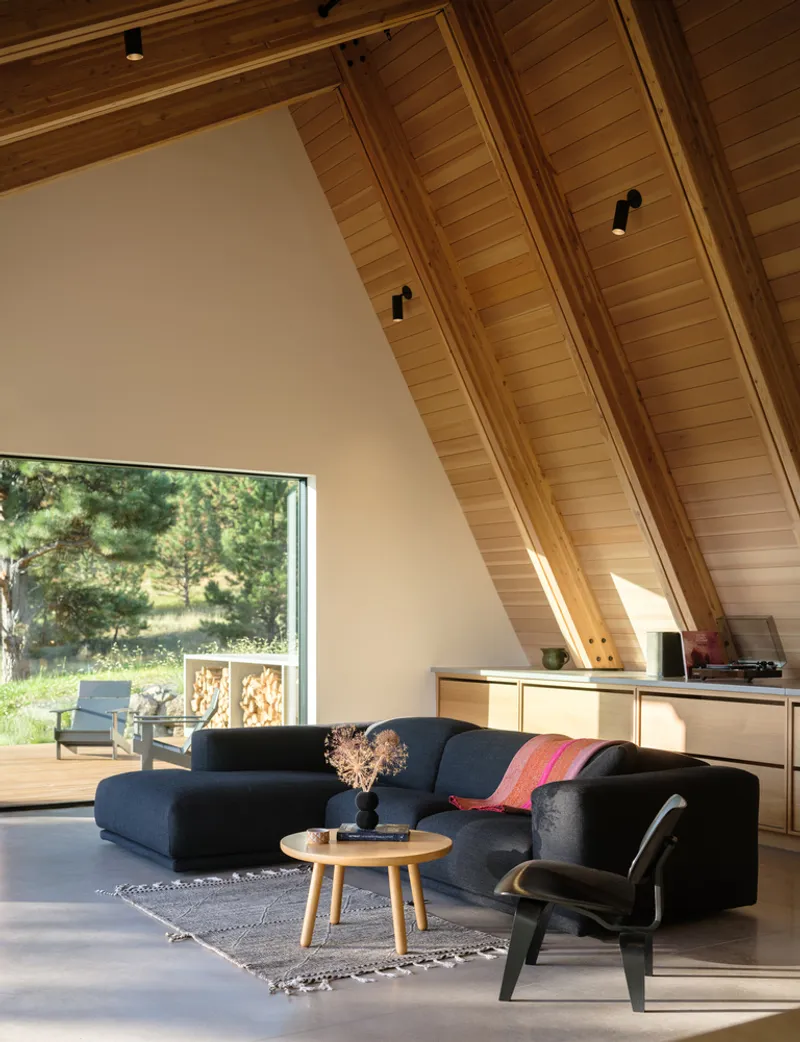 Living space with angular timber-clad ceiling and picture window framing the hillside landscape