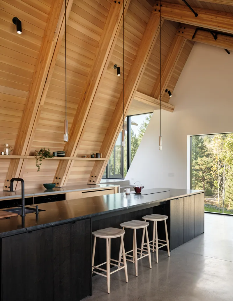 Kitchen island with black stone countertop under angled timber ceiling with integrated shelving