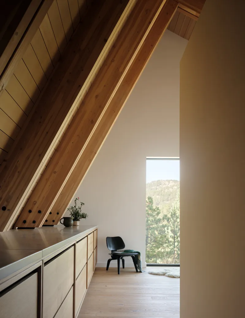 Hallway beneath angled timber ceiling with built-in plywood cabinetry and a vertical window opening to forested landscape