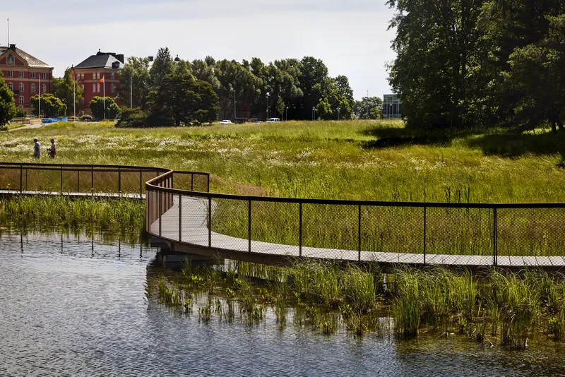 Steel mesh railing boardwalk crossing shallow water through a meadow on a sunny day
