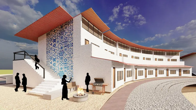 Courtyard view with blue tile feature wall, outdoor staircase, fire pit and silhouetted figures under blue sky