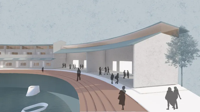 Covered walkway with terracotta paving wrapping around a pool with white sculptural forms and pedestrians in mist