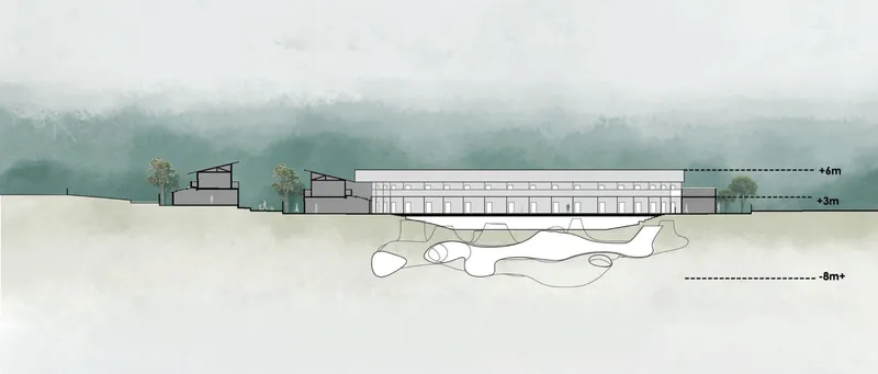 Section drawing showing building volumes above grade and underground water chambers with tree silhouettes