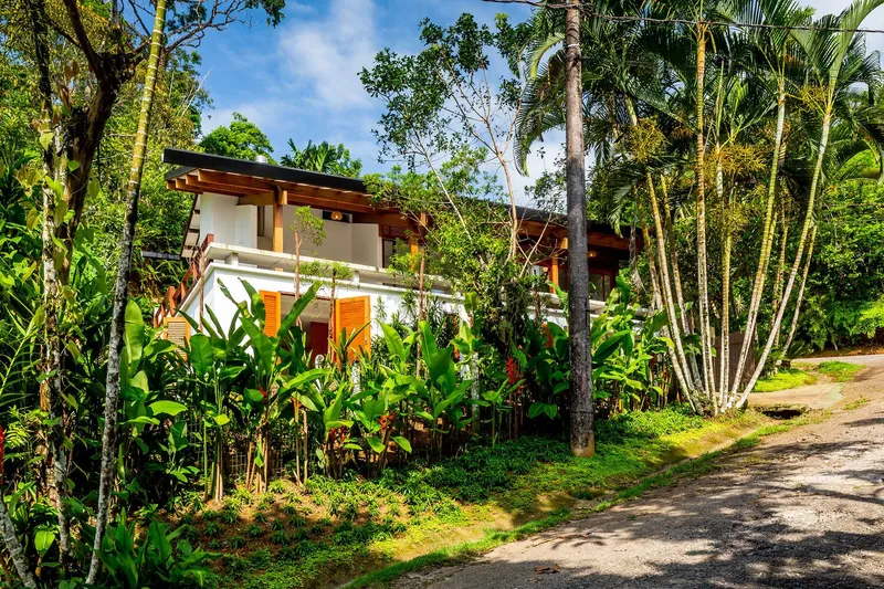 Two-story residence with timber overhangs and white walls nestled among tropical palms and dense vegetation