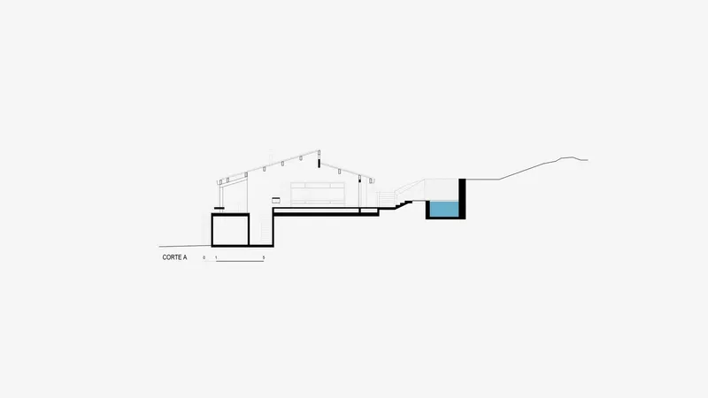Section drawing illustrating the structure stepping down the hillside with pool at lowest level