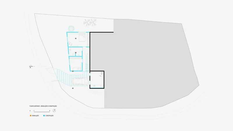 Site plan drawing showing a compact structure on a sloped lot with pool and retaining walls indicated