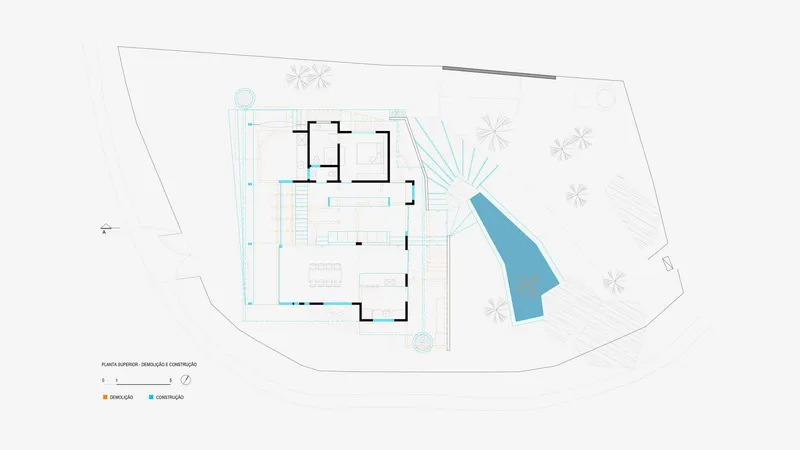 Floor plan drawing showing room layout with adjacent pool area highlighted in blue on sloping terrain