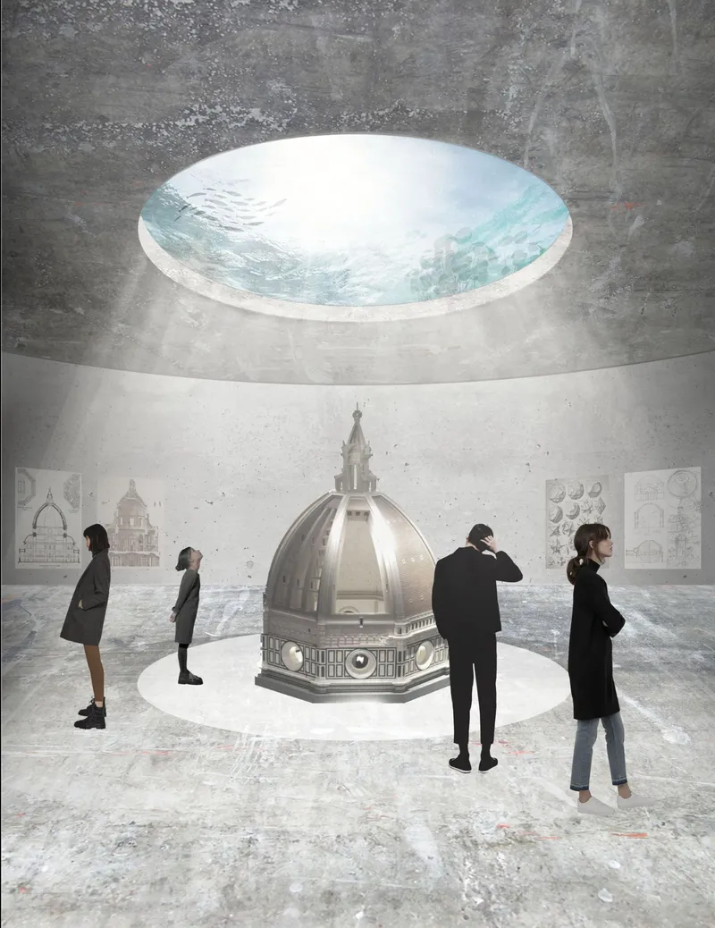 Interior gallery with circular oculus above a domed architectural model and four visitors in silhouette