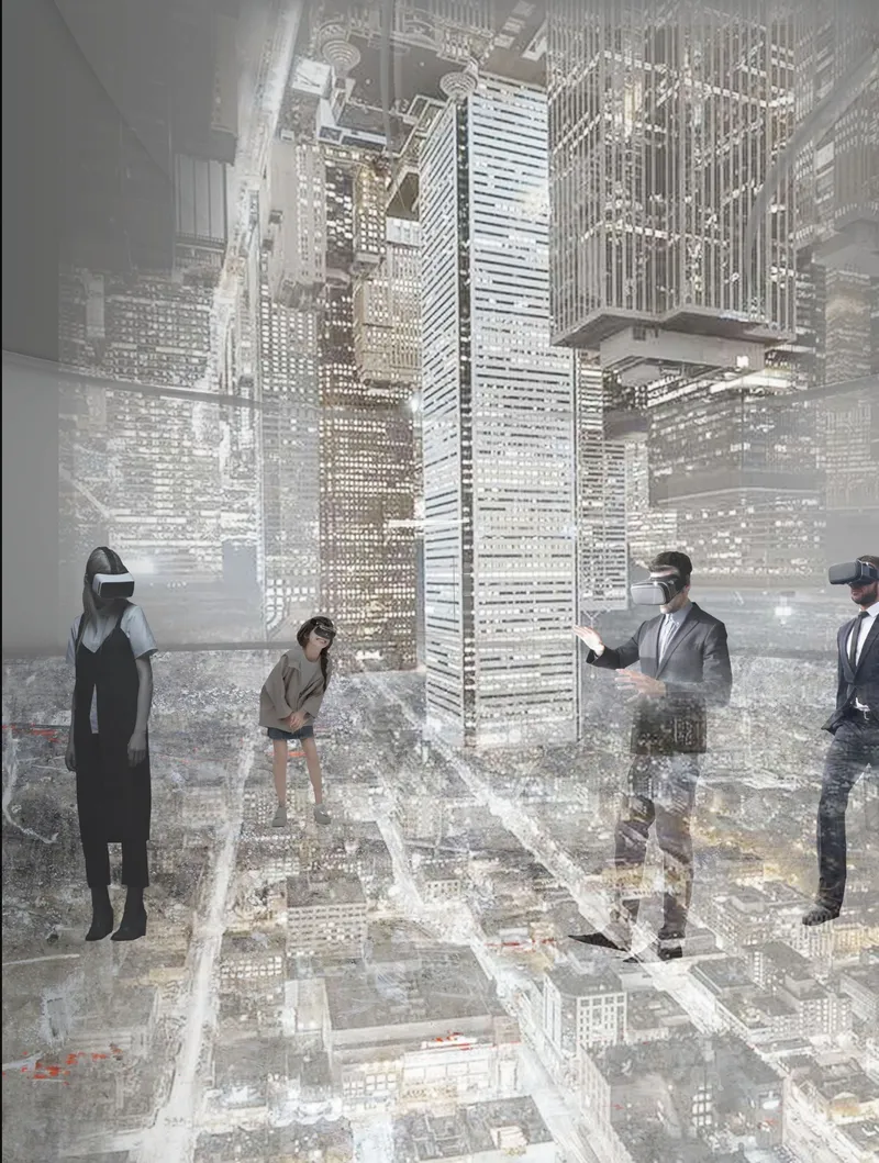 Observation room with transparent floor revealing layered cityscape below and tower models suspended at eye level