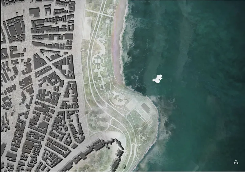 Site plan showing the coastal edge where urban fabric meets a curved shoreline park and beach
