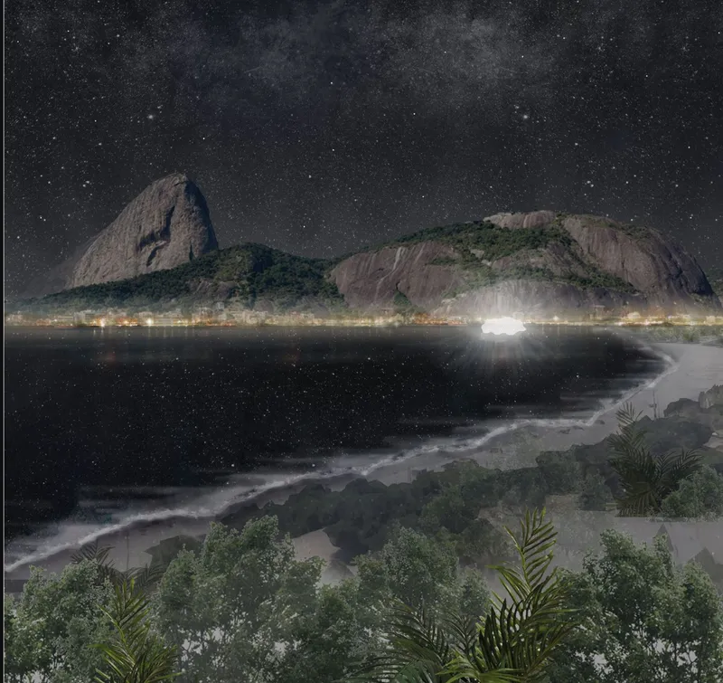 Night view of a coastal bay with illuminated shoreline beneath a starry sky and mountain silhouette