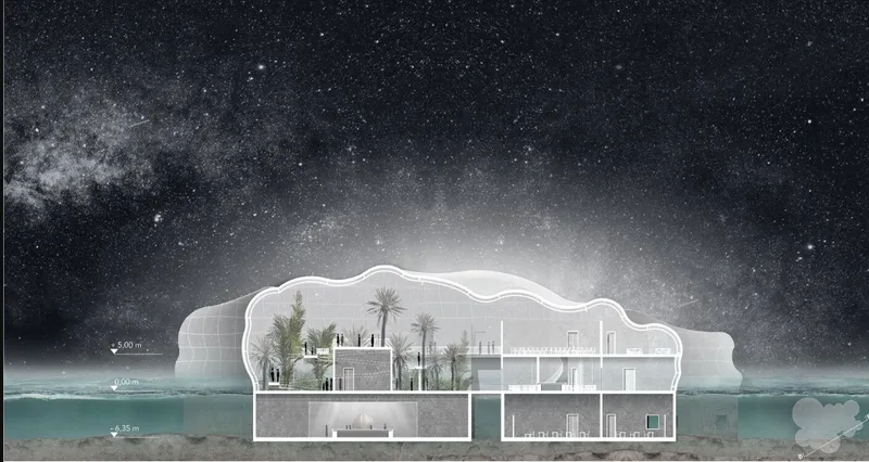Section drawing of a cloud-shaped structure partially submerged in water with planted terraces under starlit sky