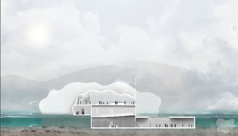 Section drawing showing the undulating roof profile and interior levels meeting the waterline in mist