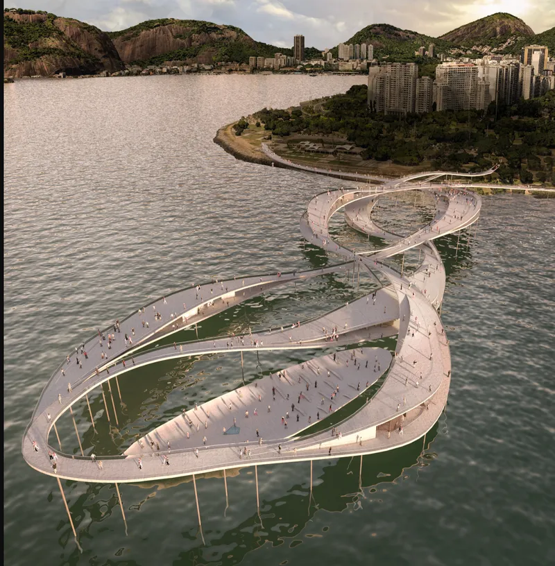 Elevated perspective of the ribbon-like pier structure weaving through the lagoon with mountains and residential towers in the background