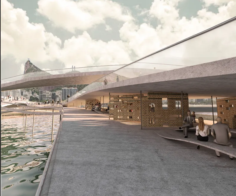 View beneath the cantilevered concrete deck with a brick pavilion and visitors gathering along the water's edge
