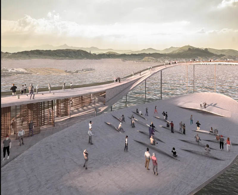 Elevated pier with concrete plaza and timber-screened pavilion extending over water toward distant mountains
