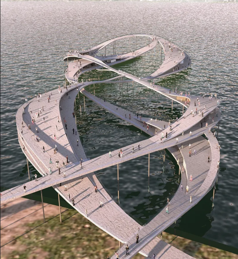 Aerial view of the interwoven pedestrian walkways spanning the water with visitors scattered across the looping paths
