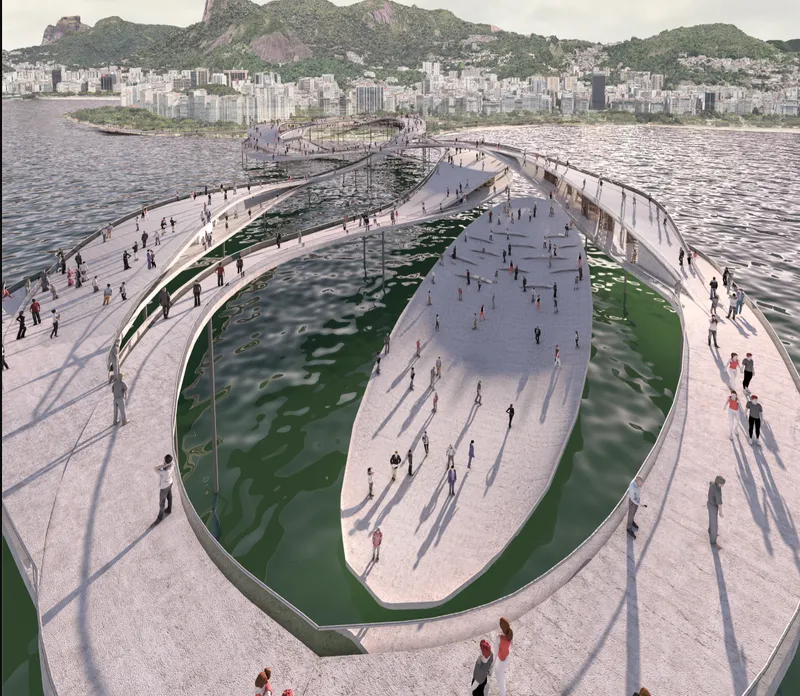 Looping pedestrian plaza with planted lagoon pools and visitors casting afternoon shadows on the concrete pavement